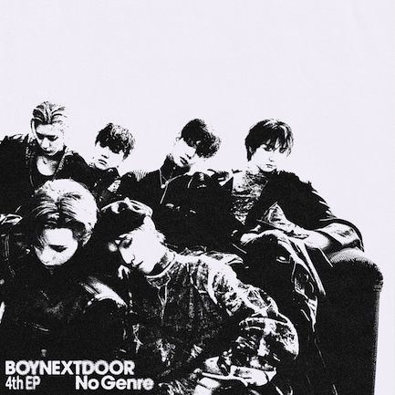 4th EP no genre by boynextdoor cover art, black and white photo of the group members sitting, album name and group name written in the bottom left corner